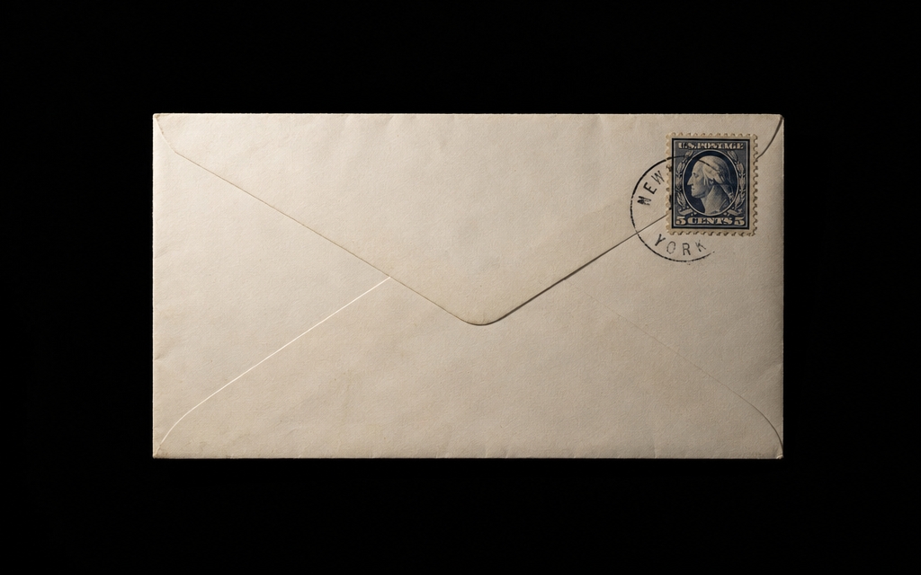 An envelope with a vintage US postage stamp on a black background.
